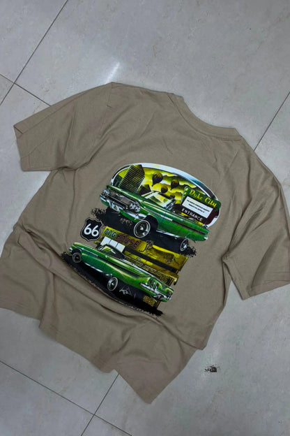 Back view of men's olive grey plus size t-shirt featuring green Race Club vintage car graphic artwork print in sizes 3XL to 6XL by TheBrandSpot