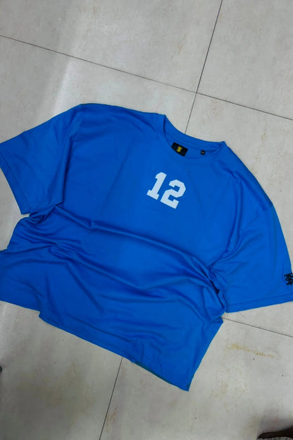 Front view of men's sapphire blue plus size t-shirt with number 12 chest graphic print in sizes 3XL to 8XL by TheBrandSpot
