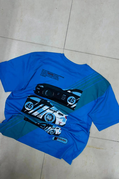 Back view of men's sapphire blue plus size t-shirt featuring race car graphic artwork print with racing stripes in sizes 3XL to 8XL by TheBrandSpot