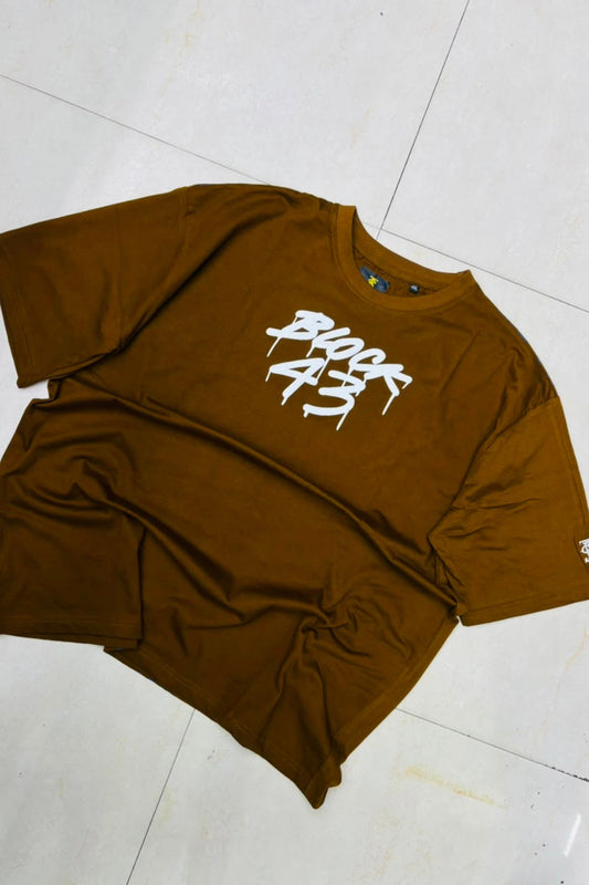 Front view of men's camel brown plus size t-shirt with BLOCK 43 chest graphic logo in sizes 3XL to 8XL by TheBrandSpot