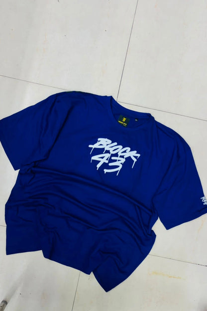 Front view of men's ocean blue plus size t-shirt with BLOCK 43 chest graphic logo in sizes 3XL to 8XL by TheBrandSpot