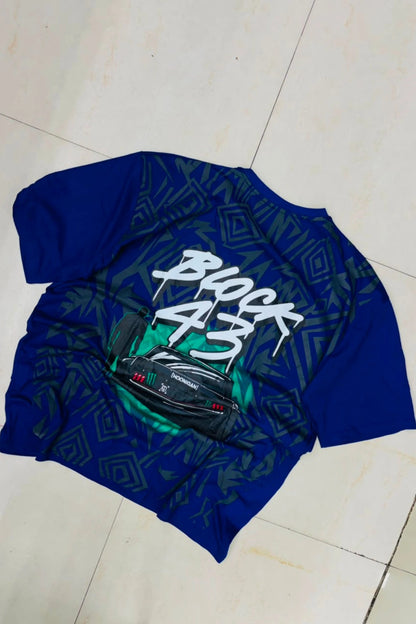 Back view of men's ocean blue plus size t-shirt featuring BLOCK 43 sports car graphic artwork print in sizes 3XL to 8XL by TheBrandSpot