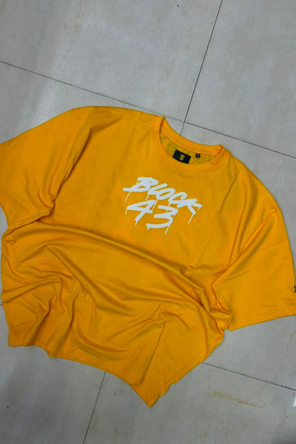 Front view of men's rustic gold plus size t-shirt with BLOCK 43 chest graphic logo in sizes 3XL to 8XL by TheBrandSpot