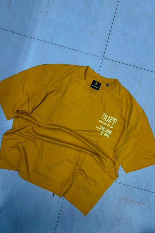 Front view of men's yellowish brown plus size t-shirt with chest graphic print in sizes 3XL to 8XL by TheBrandSpot