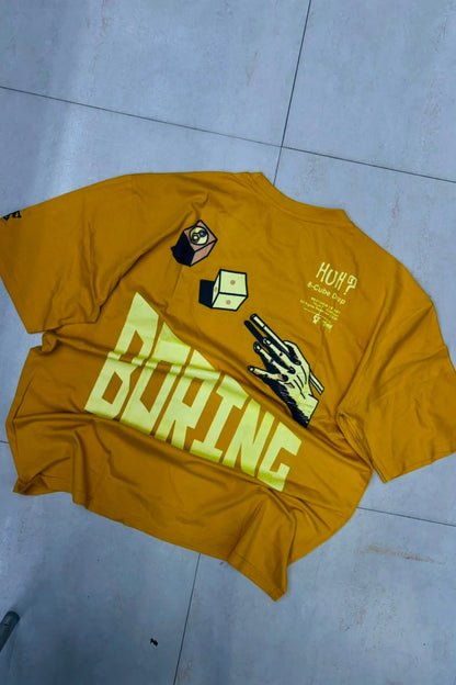 Back view of men's yellowish brown plus size t-shirt featuring BORING graphic artwork print in sizes 3XL to 8XL by TheBrandSpot