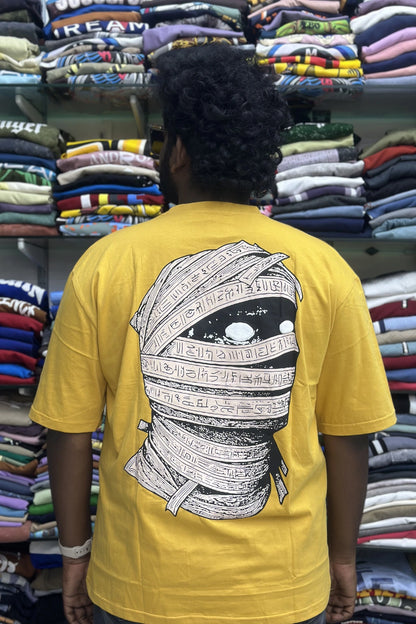 Back view of men's harvest gold plus size half sleeve cotton t-shirt with Egypt mummy graphic print in sizes 5XL to 10XL by TheBrandSpot