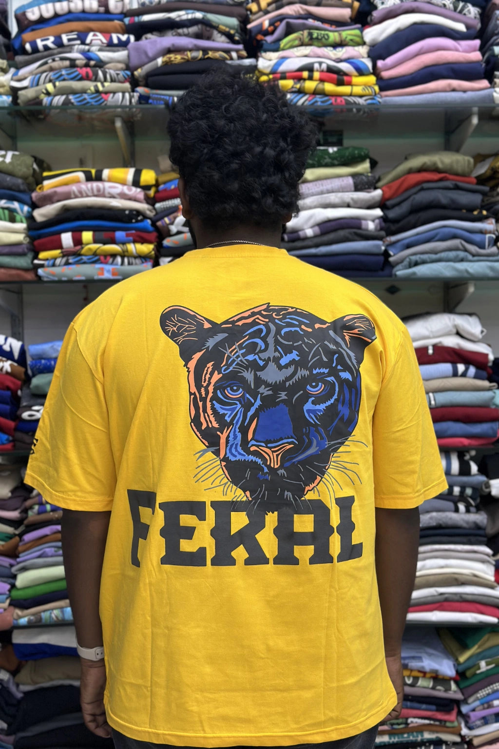 Back view of men's mustard gold plus size half sleeve cotton t-shirt with blue tiger graphic print in sizes 5XL to 10XL by TheBrandSpot