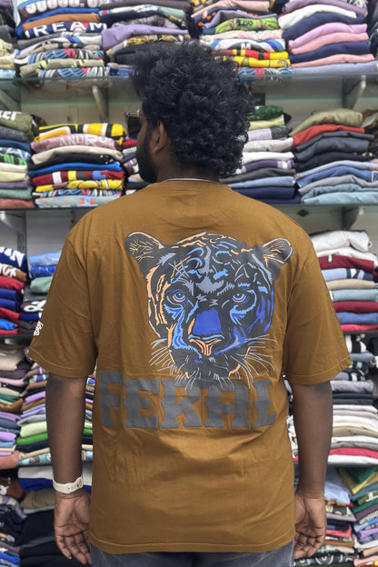 Back view of men's rustic tan plus size half sleeve cotton t-shirt with blue tiger graphic print in sizes 5XL to 10XL by TheBrandSpot