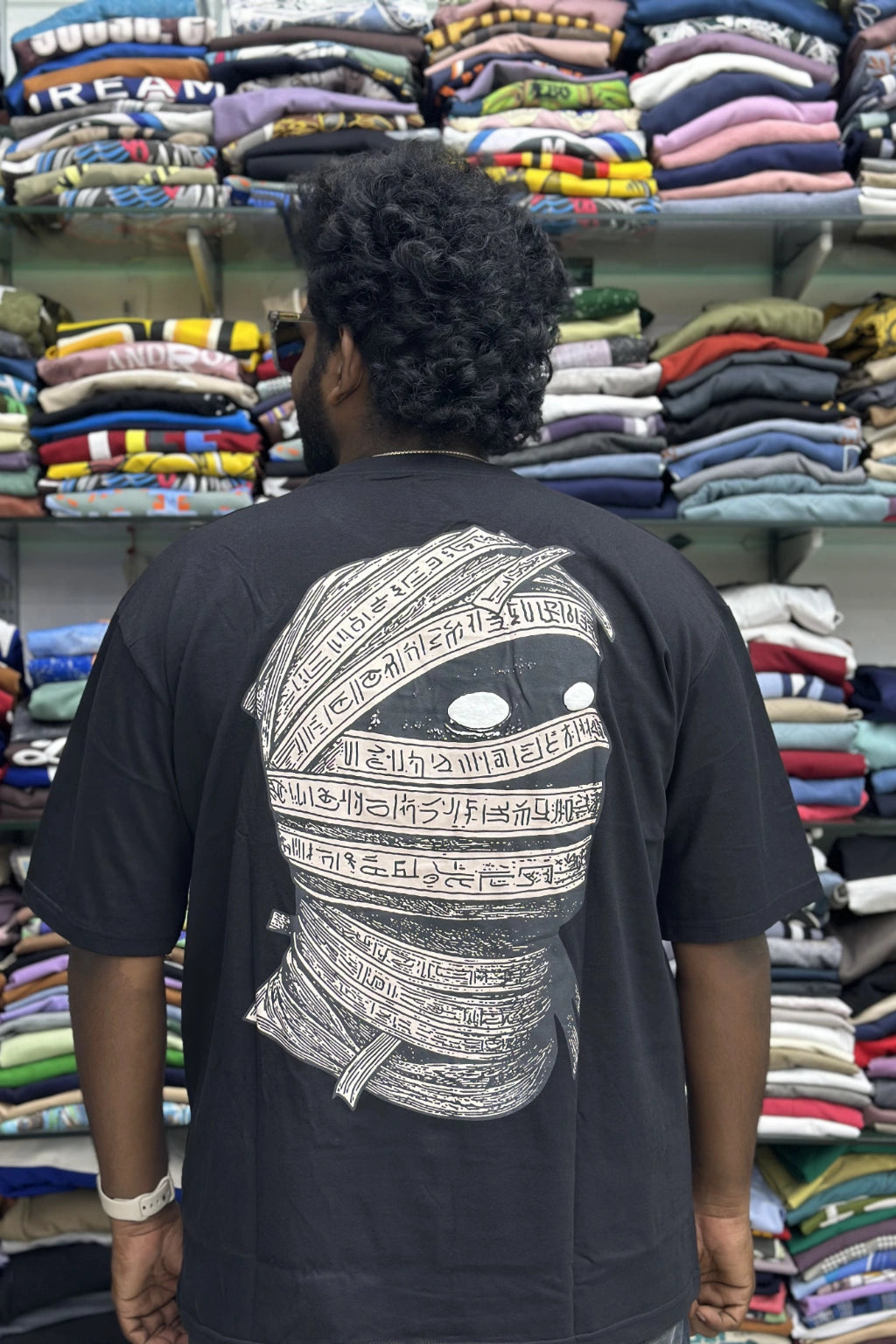 Back view of men's urban navy plus size half sleeve cotton t-shirt with Egypt mummy graphic print in sizes 5XL to 10XL by TheBrandSpot