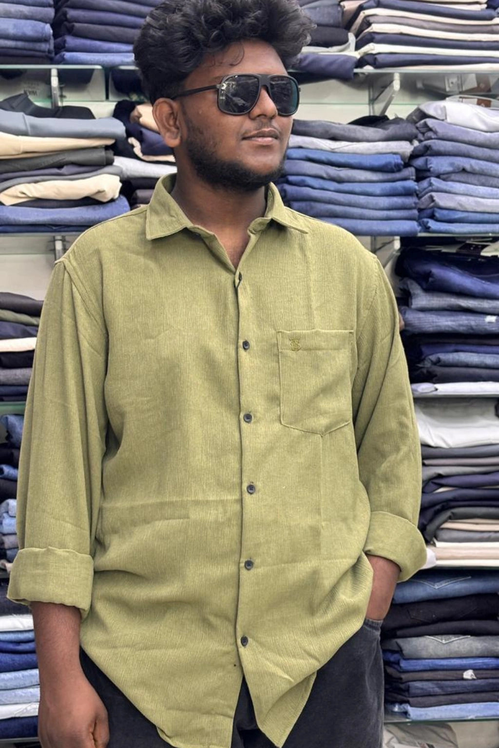 Man wearing golden beige men's plus size korean crush fabric full sleeve casual shirt with chest pocket in sizes 3XL to 7XL by TheBrandSpot