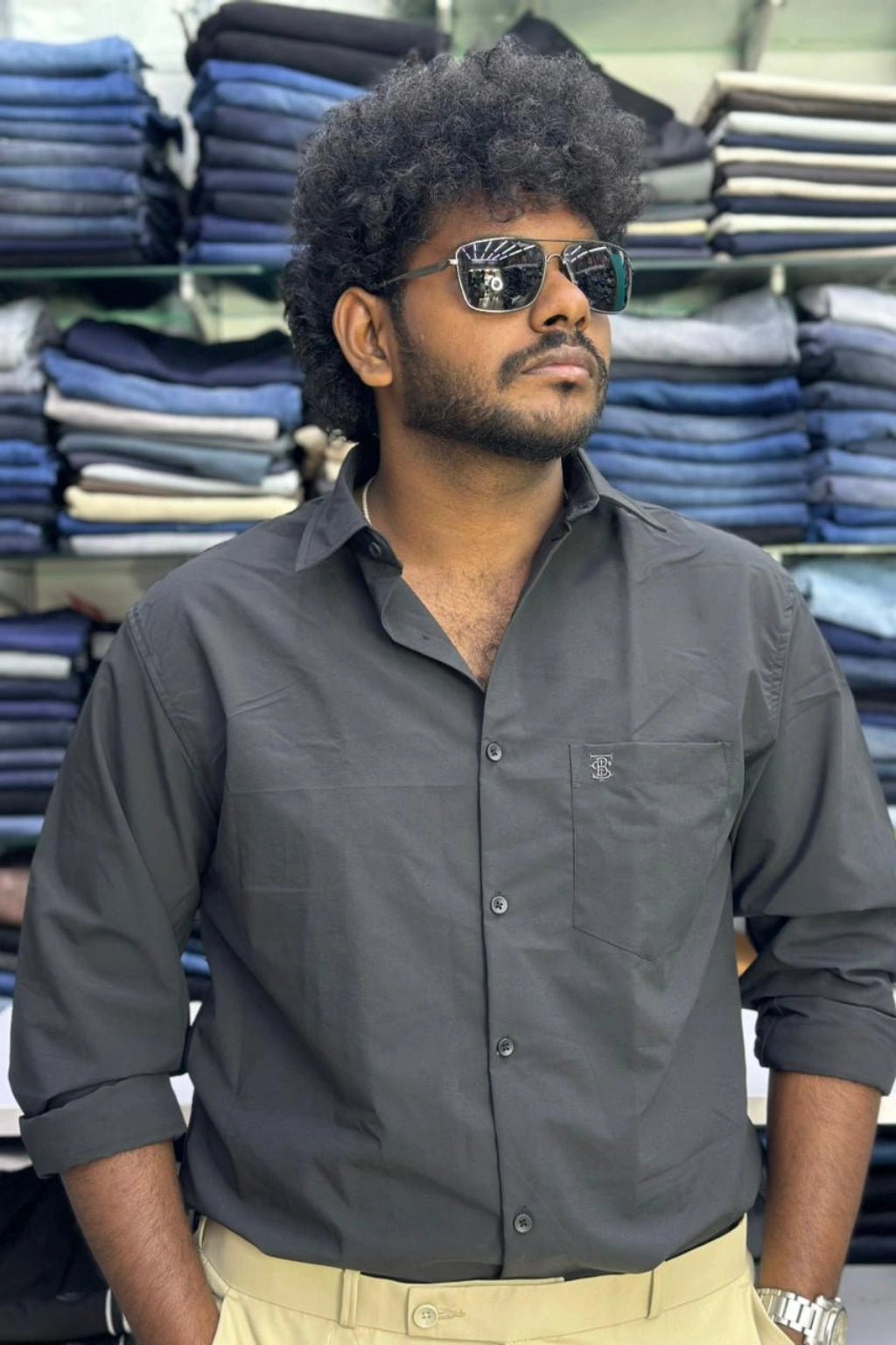 Model wearing men's concrete grey plus size full sleeve Lacka fabric shirt in sizes 3XL to 7XL by TheBrandSpot