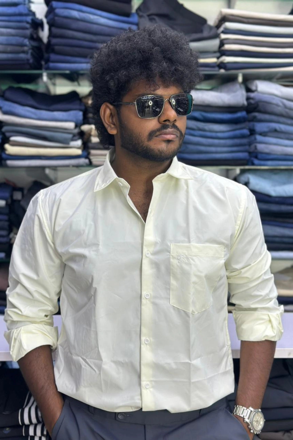 Model wearing men's mist sandal plus size full sleeve Lacka fabric shirt in sizes 3XL to 7XL by TheBrandSpot