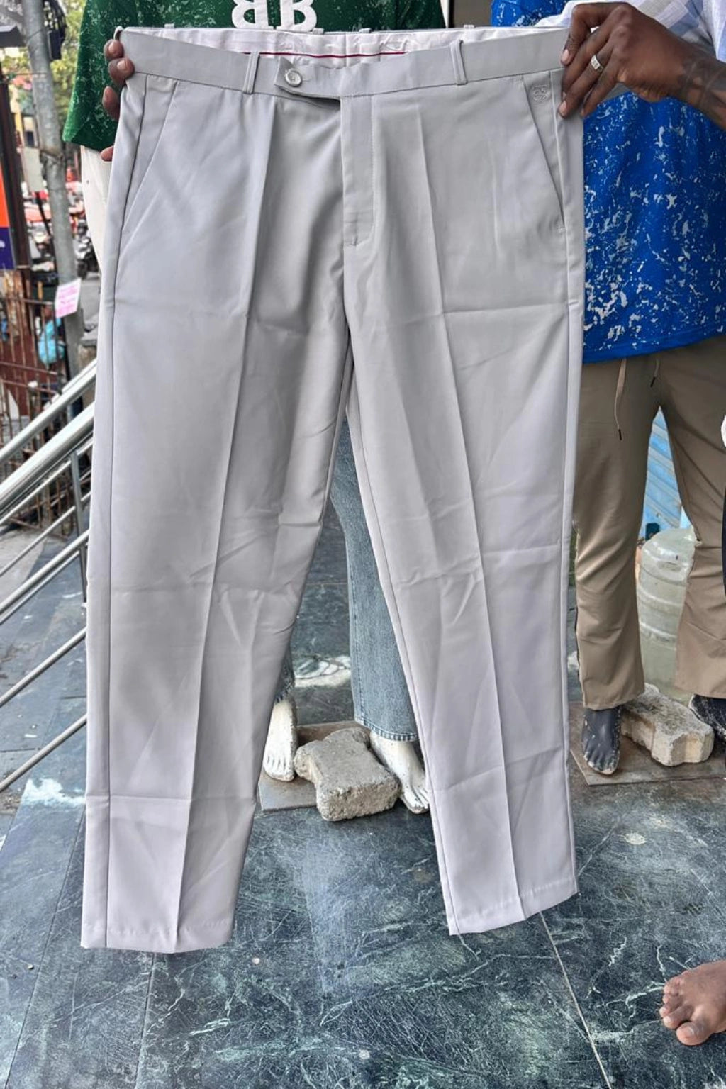 Men's pearl grey plus size polo fit stretch casual pants in sizes 40 to 48 by TheBrandSpot