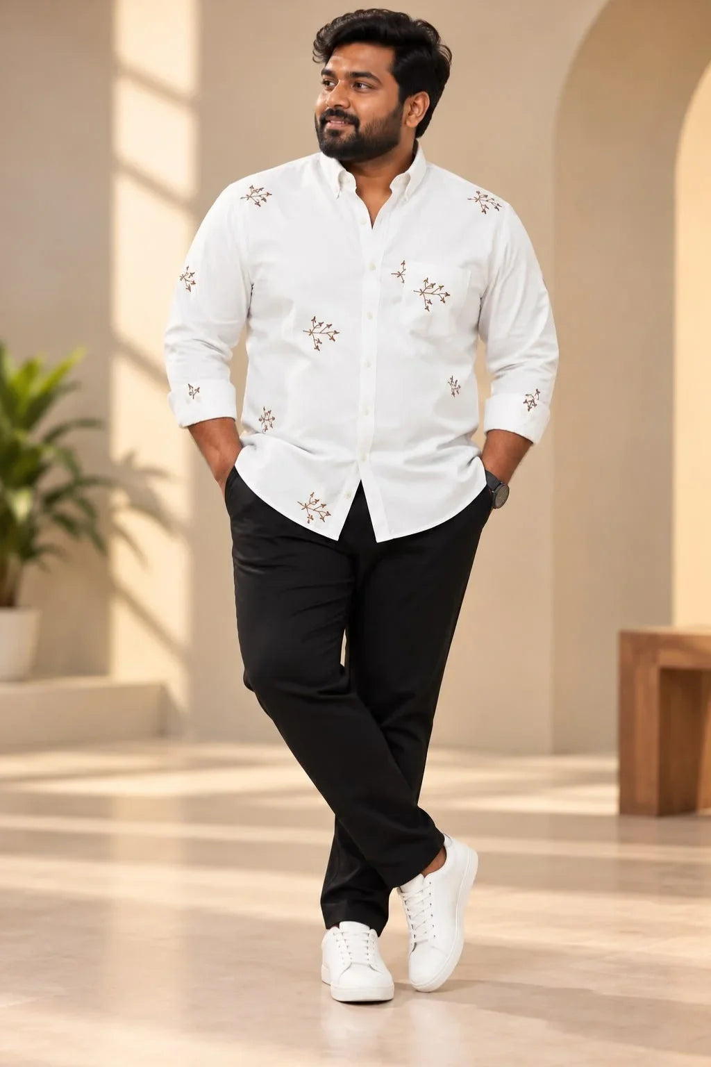 Men's Plus Size Real Embroidered Festive Shirt in Classic White with detailed thread embroidery by The Brand Spot