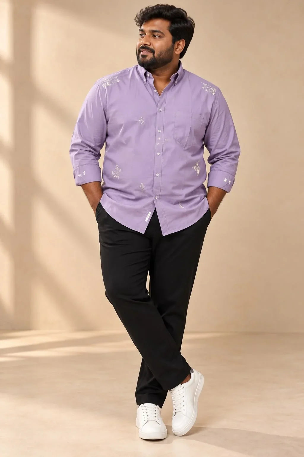 Men's Plus Size Real Embroidered Festive Shirt in Dusty Lavender with detailed thread embroidery by The Brand Spot