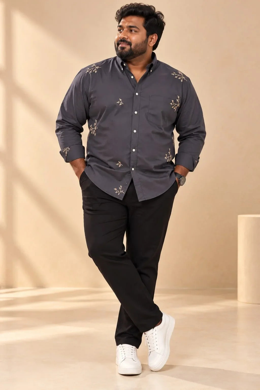 Men's Plus Size Real Embroidered Festive Shirt in Plum Grey with detailed thread embroidery by The Brand Spot