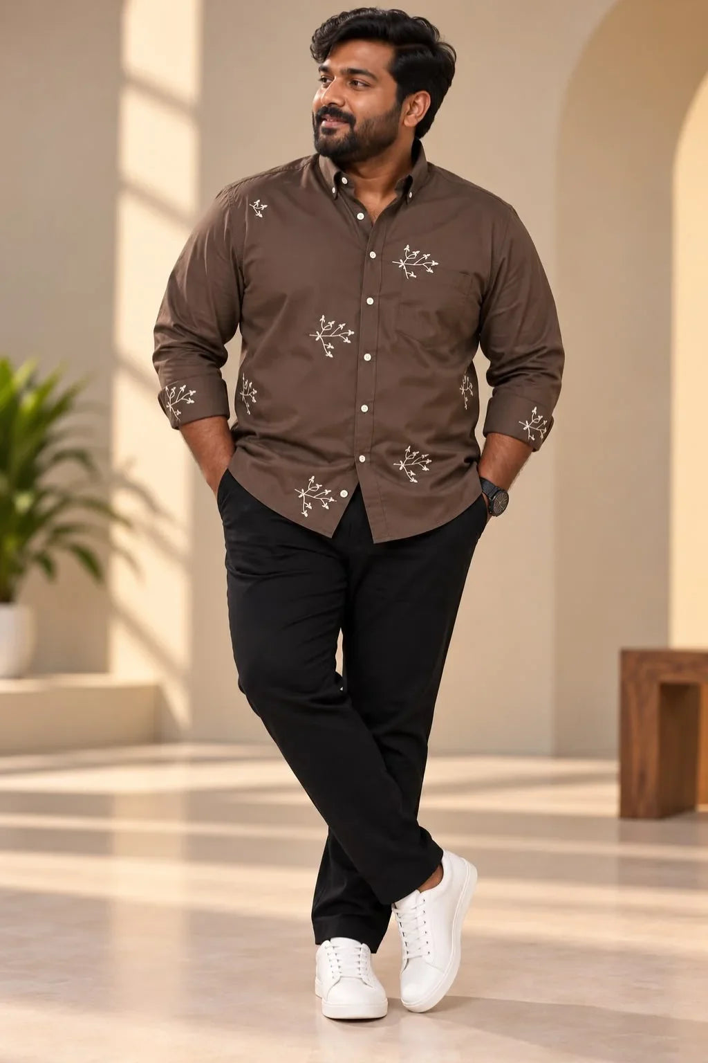 Men's Plus Size Real Embroidered Festive Shirt in Teak Brown with detailed thread embroidery by The Brand Spot