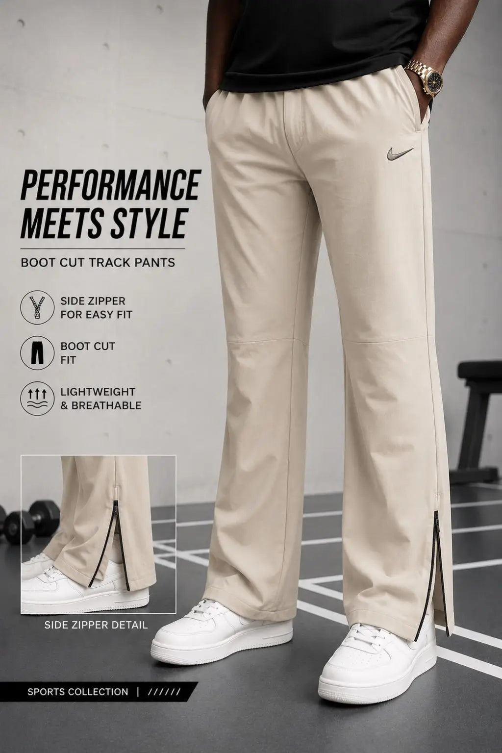Men's day dreamer beige premium bootcut track pants with side zipper in sizes M to XXL by TheBrandSpot
