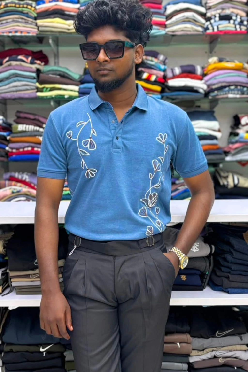 Men's blue vault premium designer polo t-shirt with white floral embroidery in sizes M to 2XL by TheBrandSpot