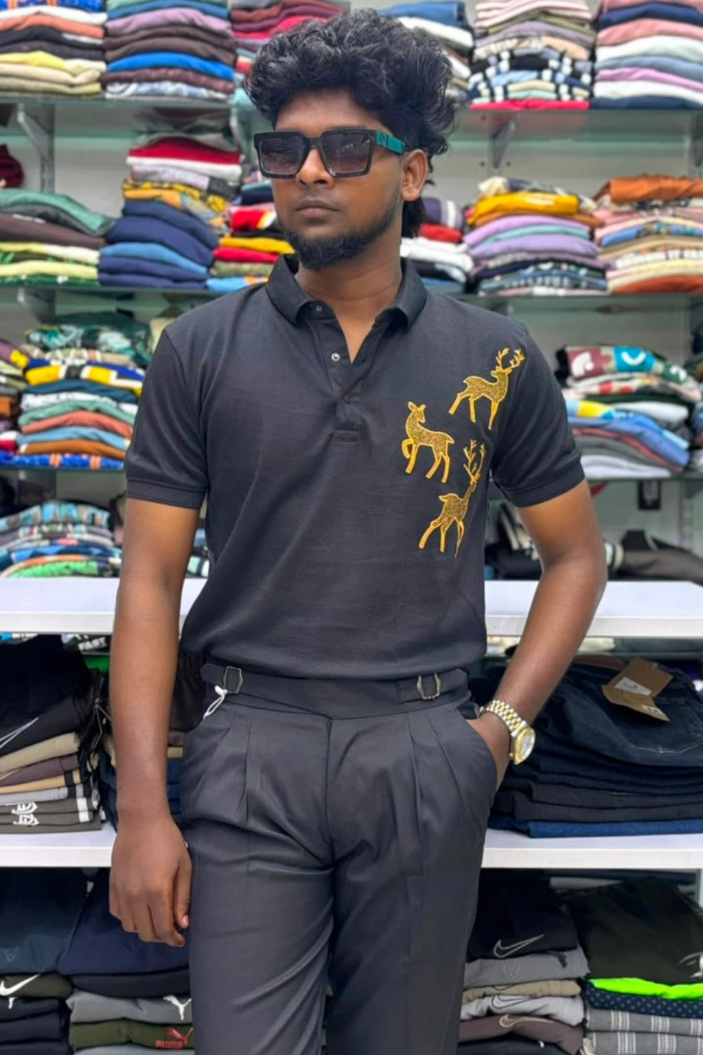 Men's charcoal purple premium designer polo t-shirt with gold deer embroidery in sizes M to 2XL by TheBrandSpot