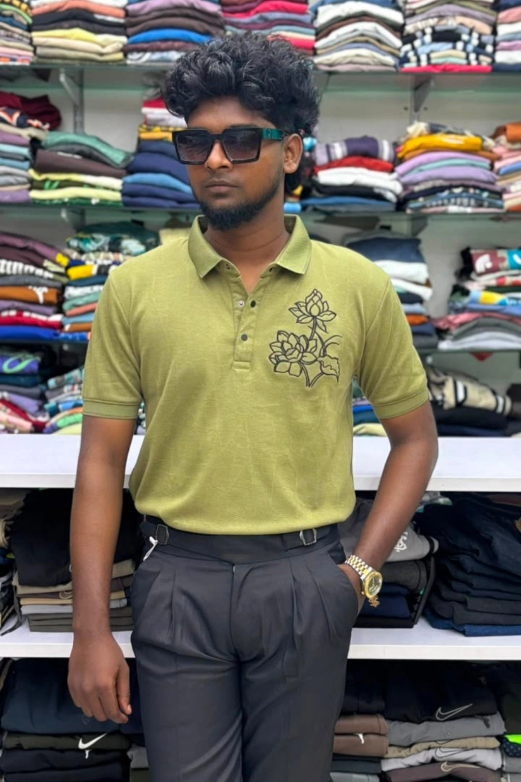 Men's dusty green premium designer polo t-shirt with floral embroidery in sizes M to 2XL by TheBrandSpot