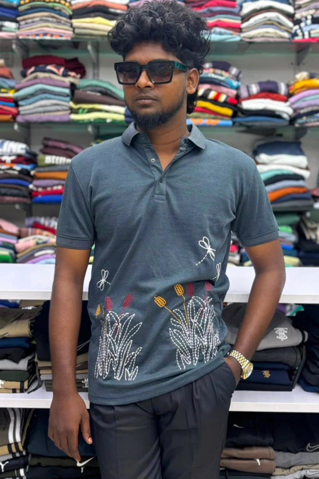 Men's officer blue premium designer polo t-shirt with floral embroidery in sizes M to 2XL by TheBrandSpot