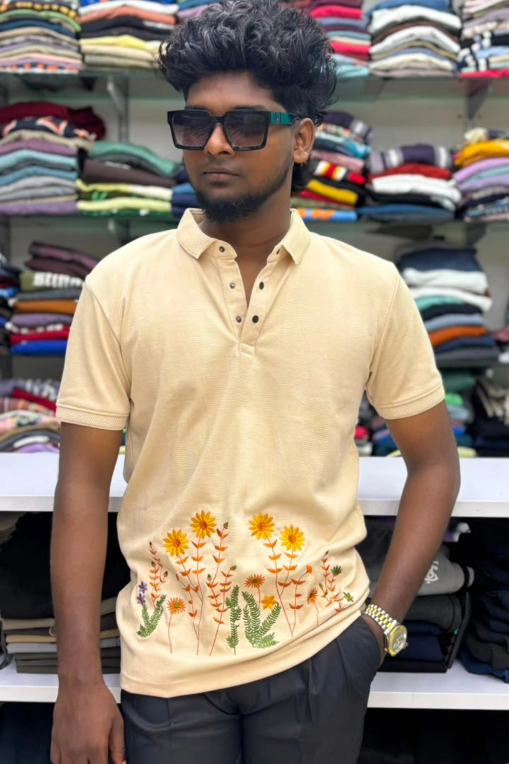 Men's sandstone premium designer polo t-shirt with floral embroidery in sizes M to 2XL by TheBrandSpot