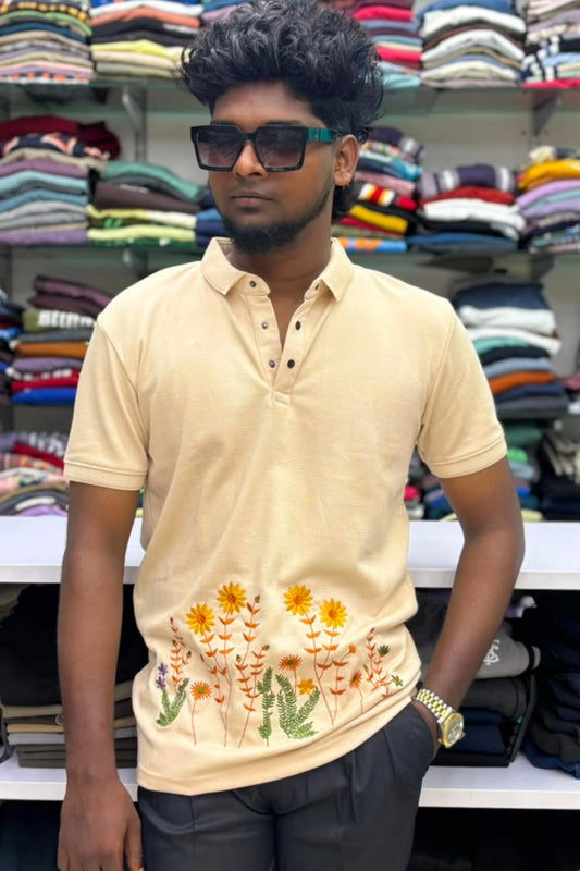 Men's sandstone premium designer polo t-shirt with floral embroidery in sizes M to 2XL by TheBrandSpot