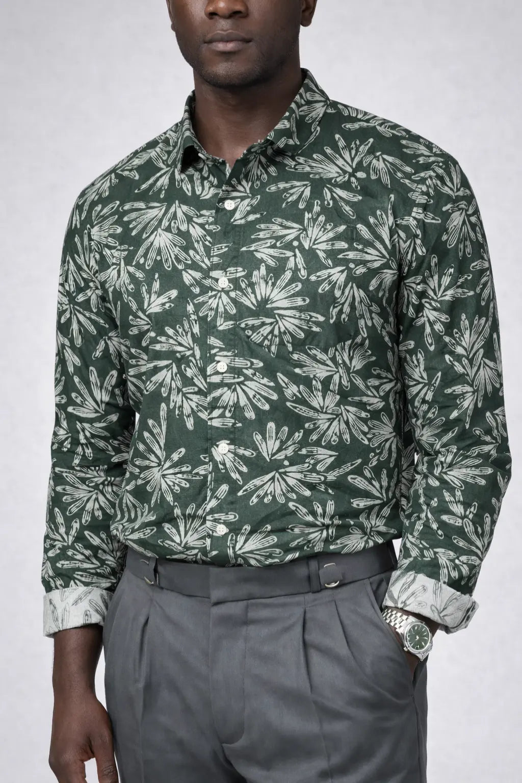 Men's dark pine green premium floral print casual shirt with white botanical pattern in sizes M to XL by TheBrandSpot