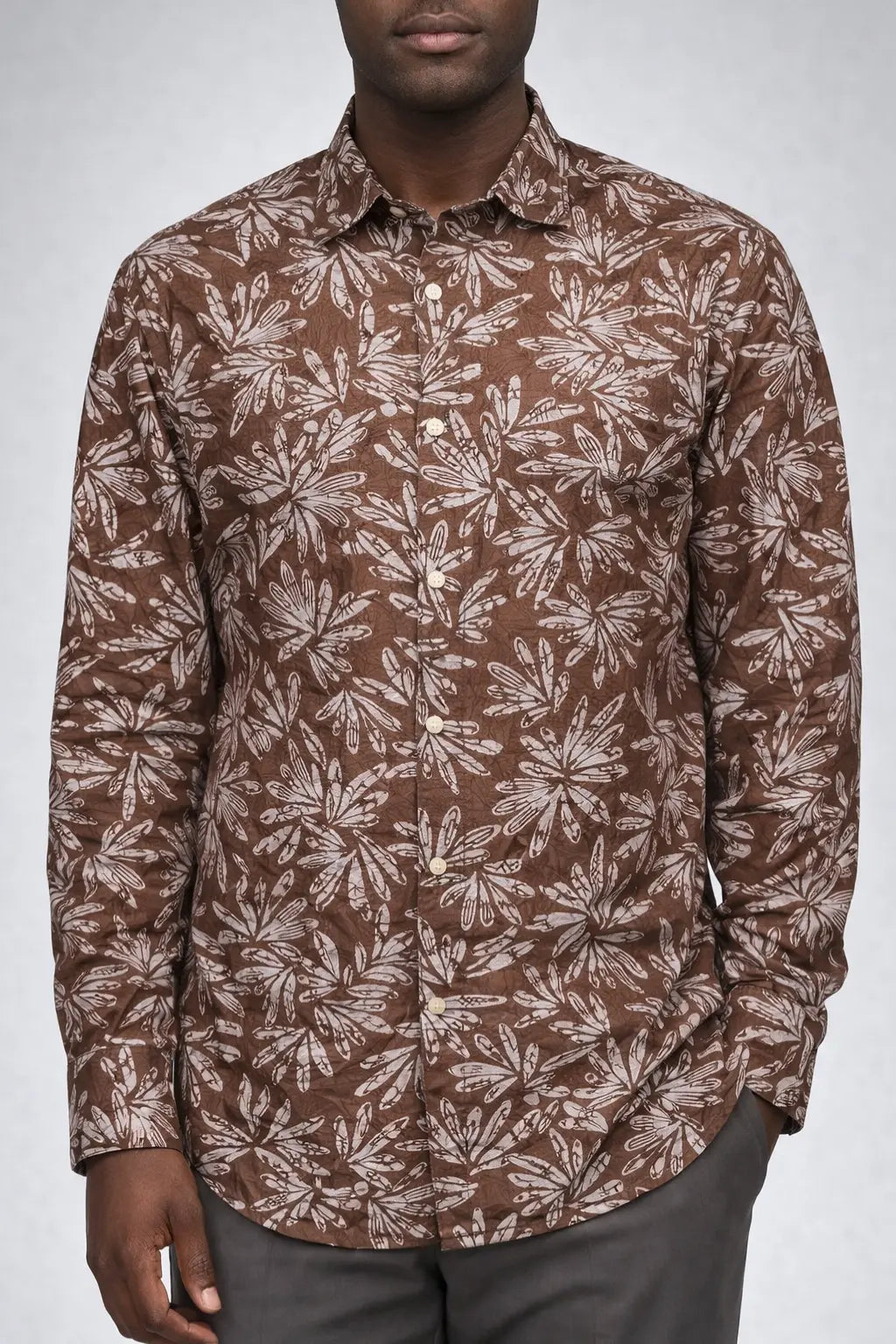 Men's forest brown premium floral print casual shirt with white botanical pattern in sizes M to XL by TheBrandSpot