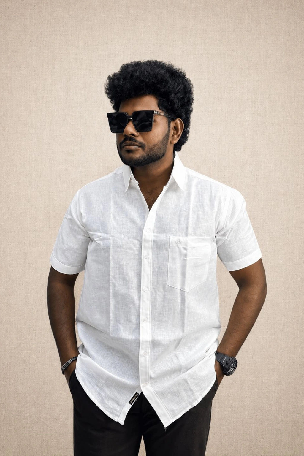 Men's white premium half sleeve linen shirt in plus sizes 3XL to 7XL by TheBrandSpot