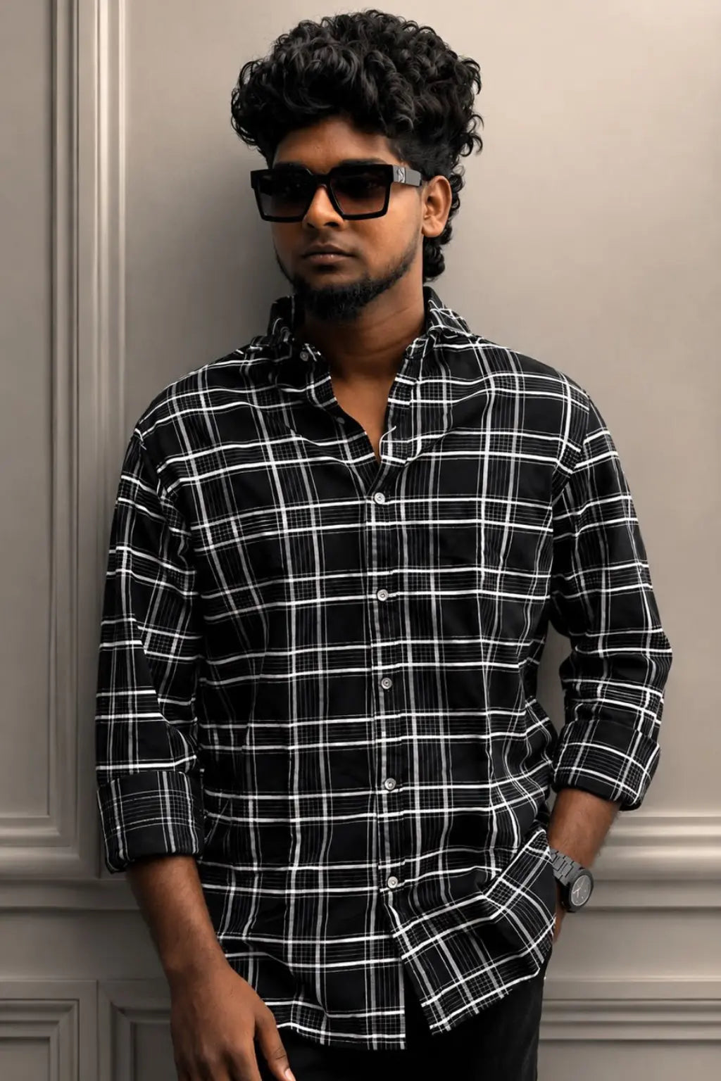 Men's Vantablack black checked premium imported casual shirt with white grid lines in sizes M to XL by TheBrandSpot