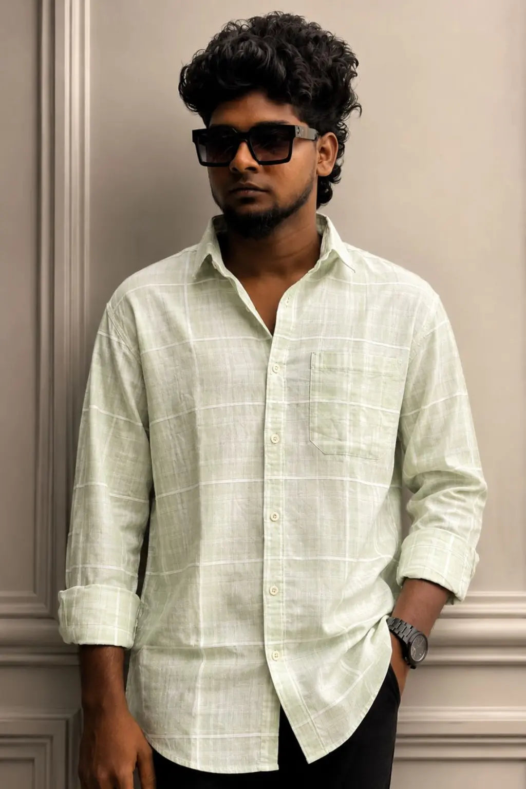 Men's light green creeper checked premium imported casual shirt with long sleeves in sizes M to XL by TheBrandSpot