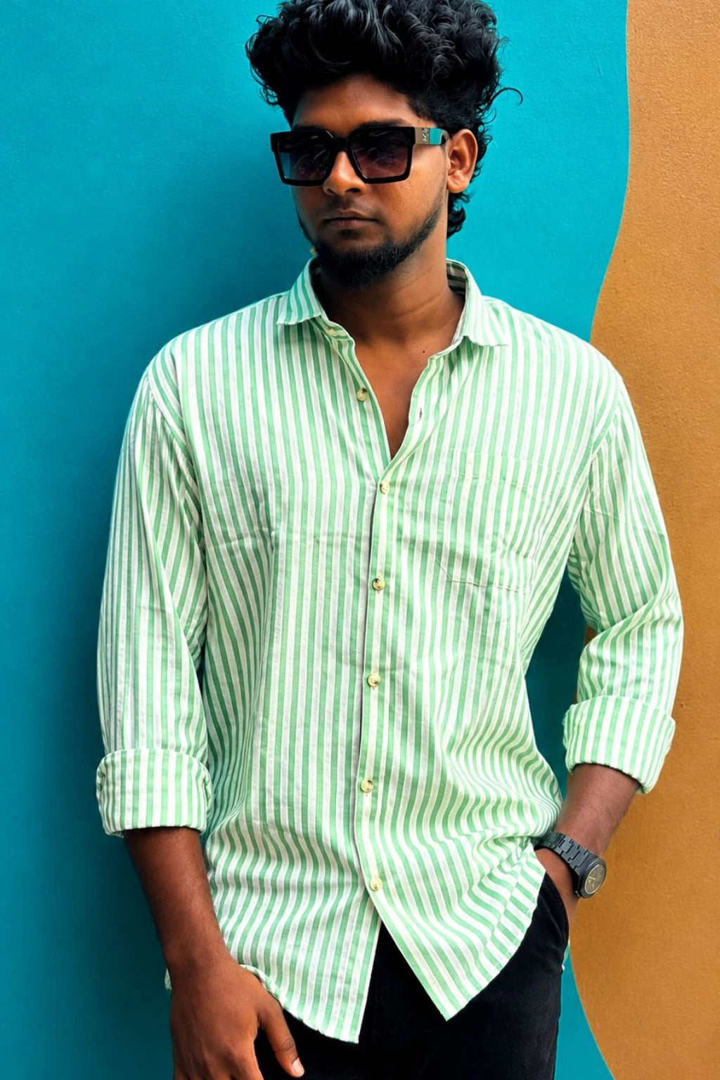 Men's overtone green striped premium imported casual shirt with vertical lines in sizes M to XL by TheBrandSpot