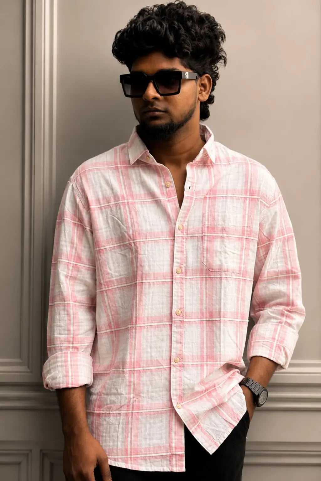 Men's rose pink checked premium imported casual shirt with long sleeves in sizes M to XL by TheBrandSpot