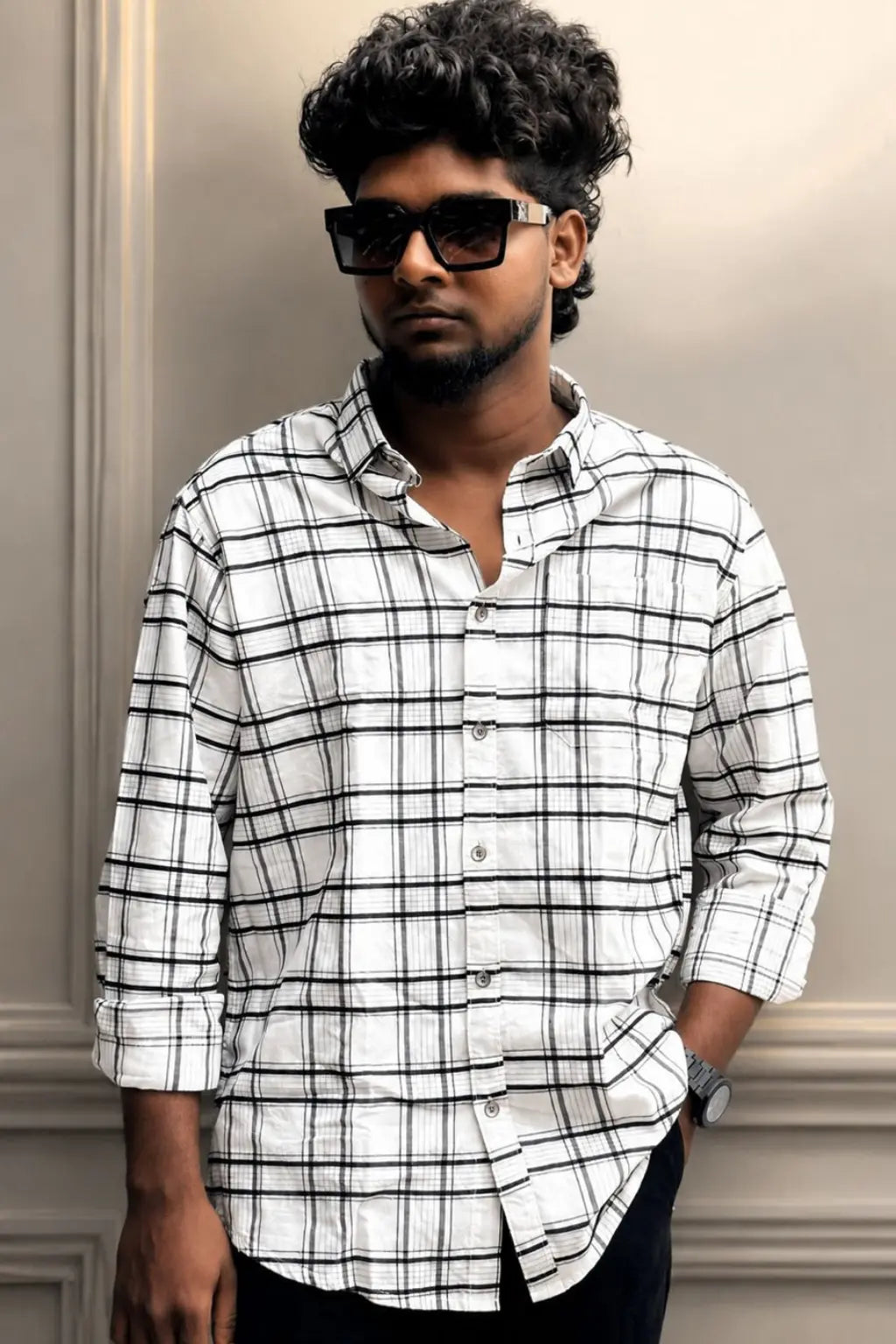Men's white checked premium imported casual shirt with black grid lines in sizes M to XL by TheBrandSpot