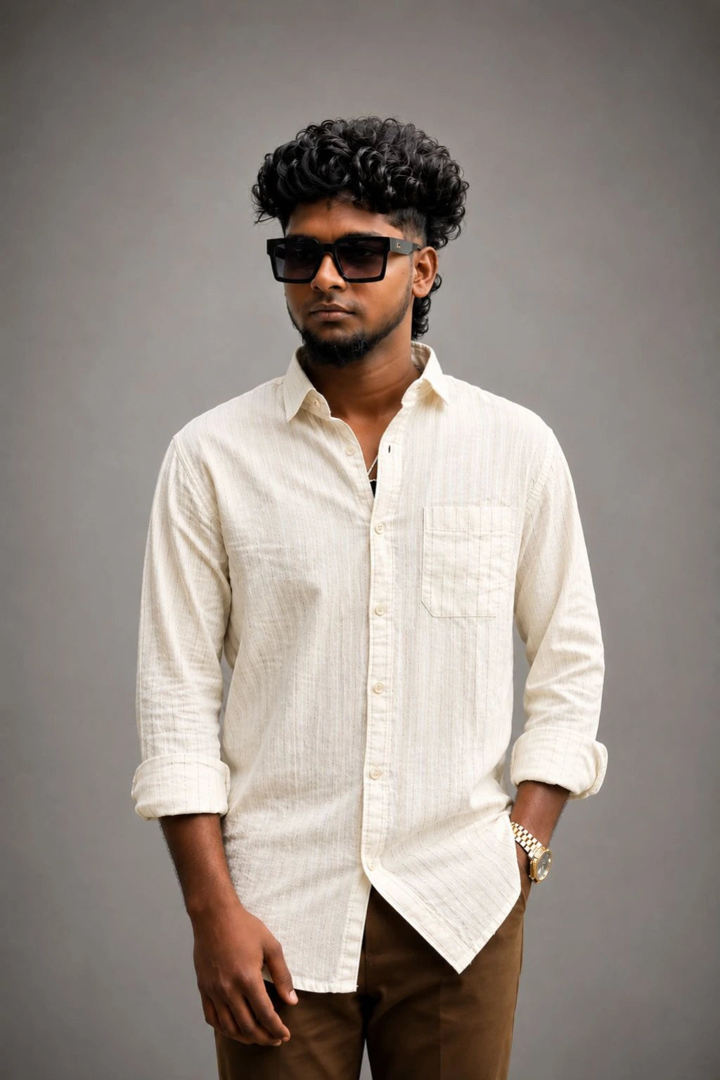 Men's cream premium linen designer vertical striped shirt in sizes M to XL by TheBrandSpot