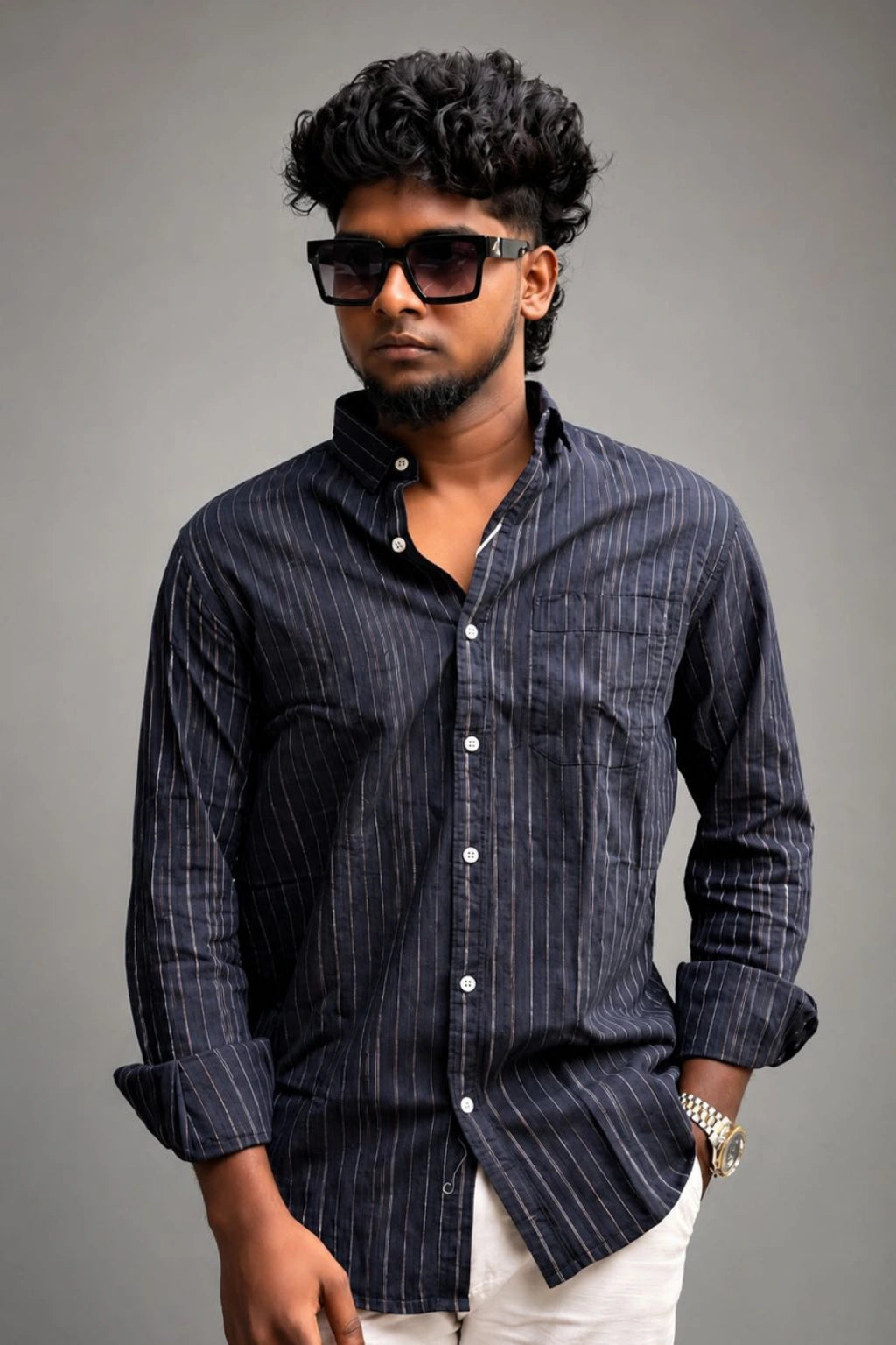 Men's navy blue premium linen designer vertical striped shirt in sizes M to XL by TheBrandSpot