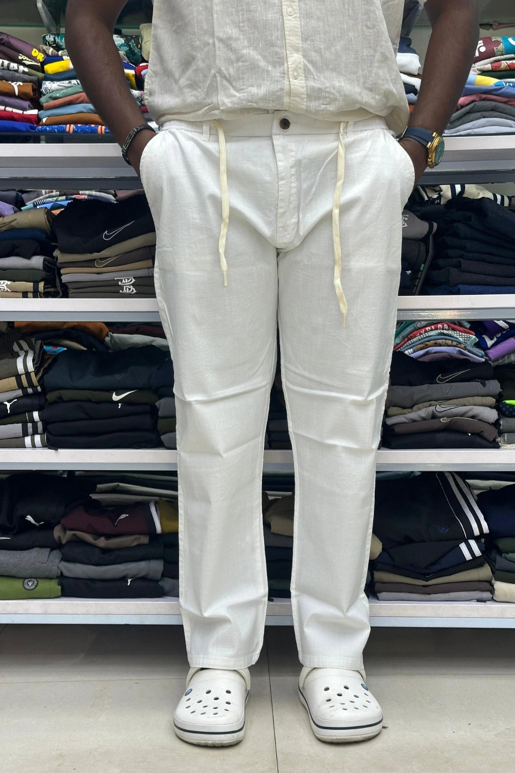 Men's Premium Linen Pants in White Linen from TheBrandspot, featuring breathable lightweight fabric, relaxed straight fit, and comfortable style for sizes 40–48.