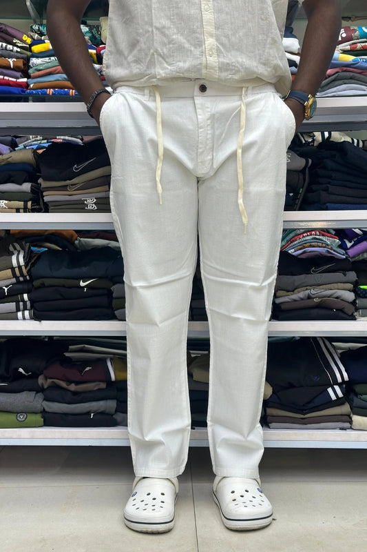 Men's Premium Linen Pants in White Linen from TheBrandspot, featuring breathable lightweight fabric, relaxed straight fit, and comfortable style for sizes 40–48.