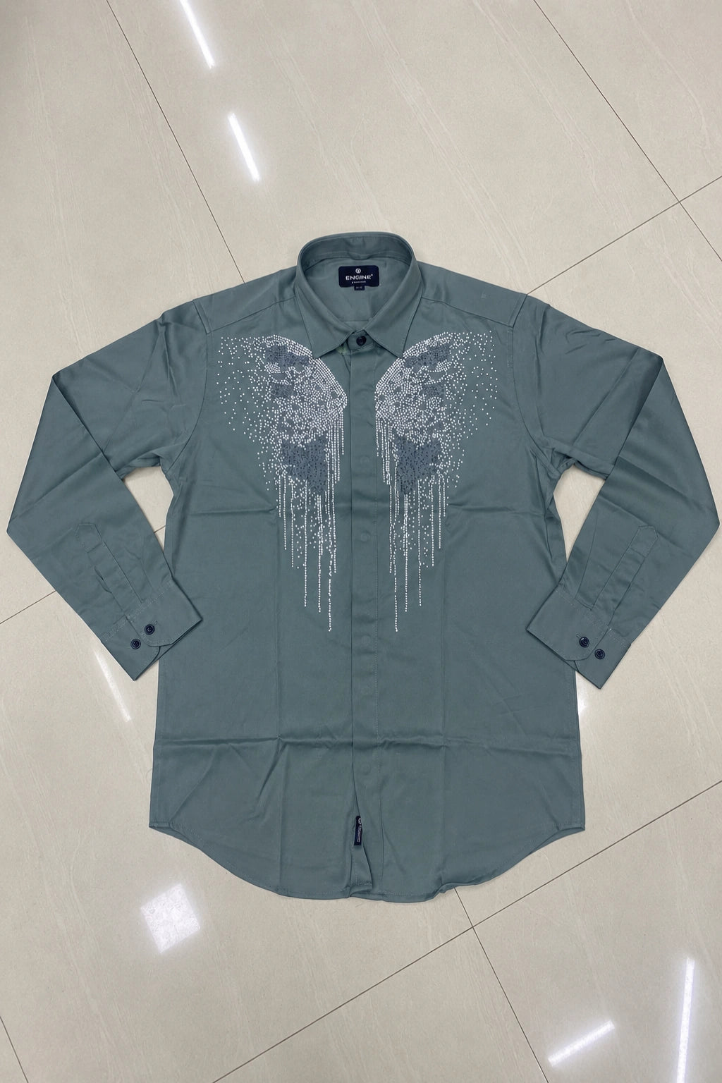 Men's stone butterfly graphic print casual shirt in blue ballet slate blue grey shirt by The Brand Spot