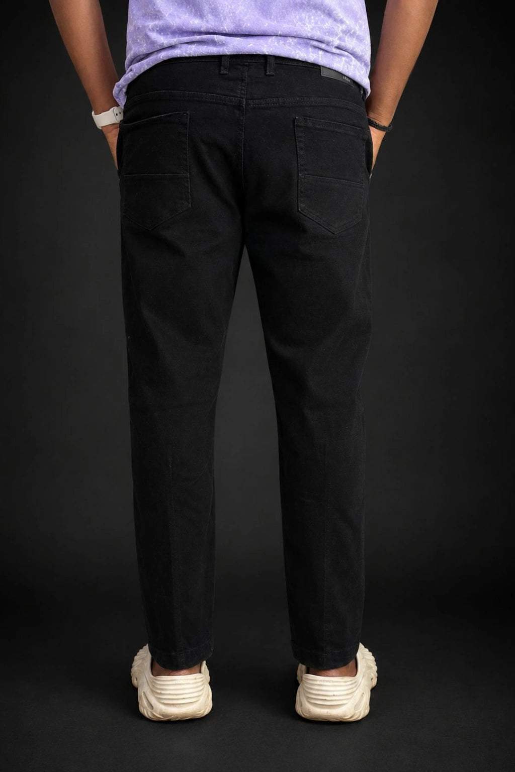 Back full view of men's Z-black premium stretch jeans in tapered fit available in sizes 28 to 48 by TheBrandSpot