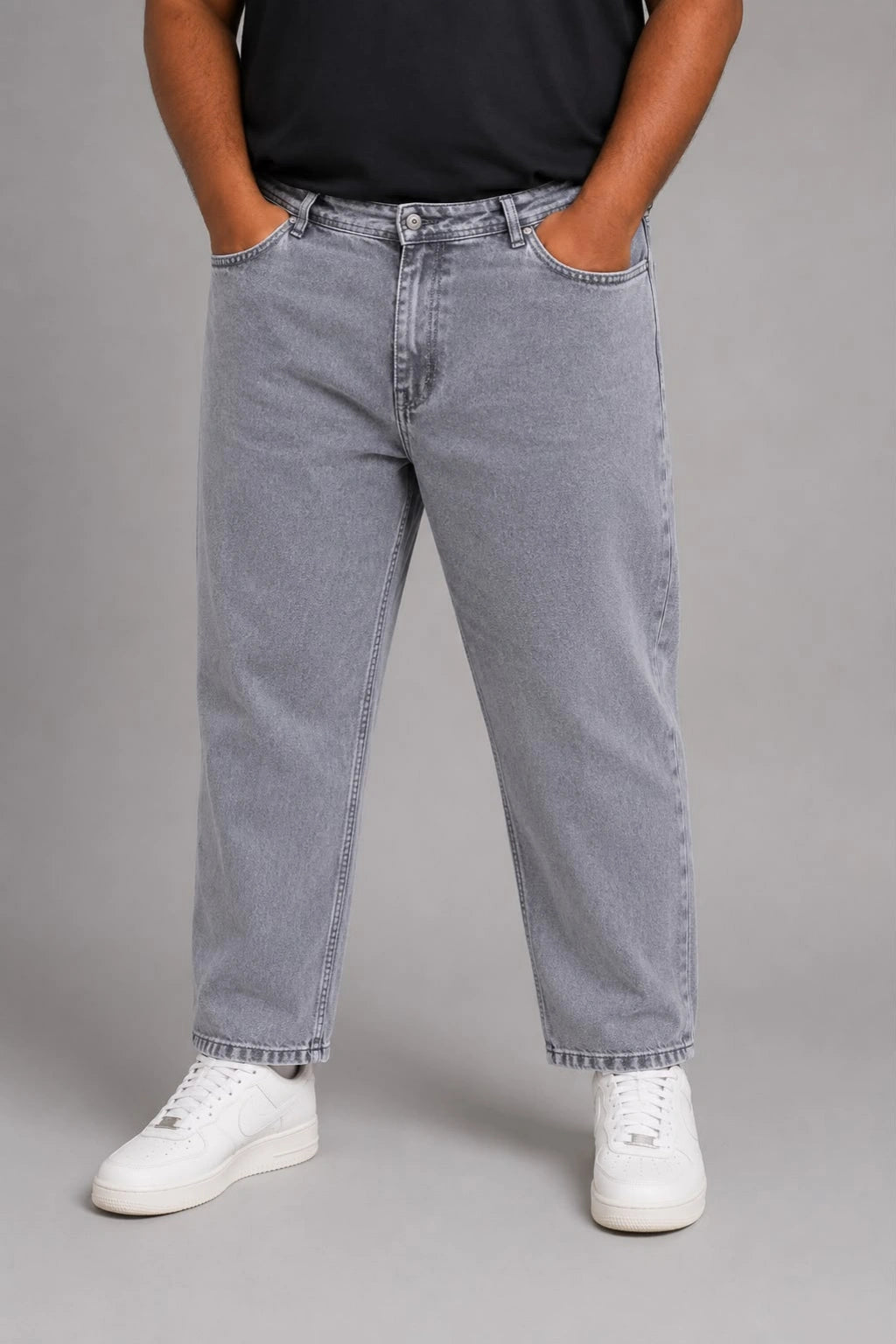 Muted Lavender Men's Mom Fit Jeans from TheBrandspot — high‑waist stretch denim in soft gray‑lavender tone, relaxed tapered fit with premium comfort and durable stitching; ideal for casual, office, and everyday wear.