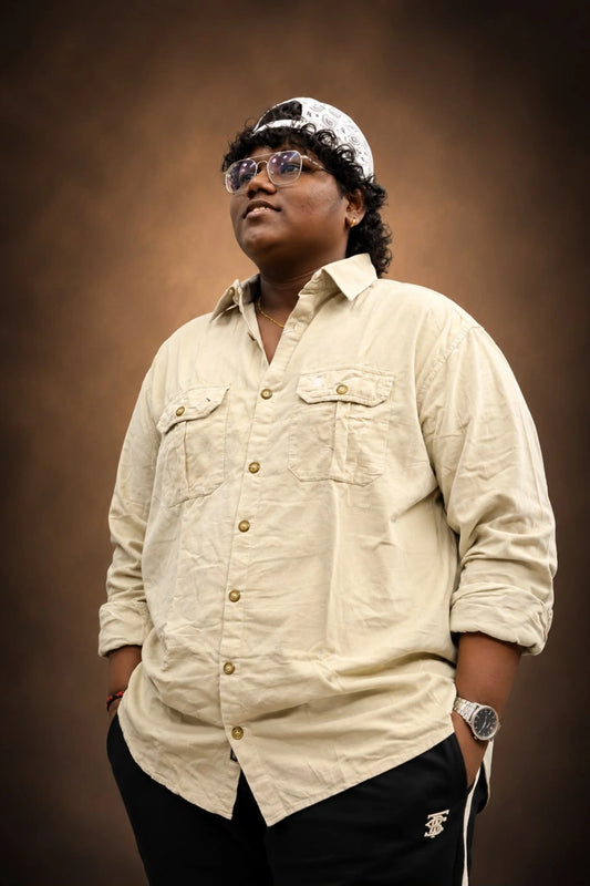 Beige plus size corduroy shirt for men featuring double pocket long sleeve button up design in sizes 3XL to 7XL by TheBrandSpot