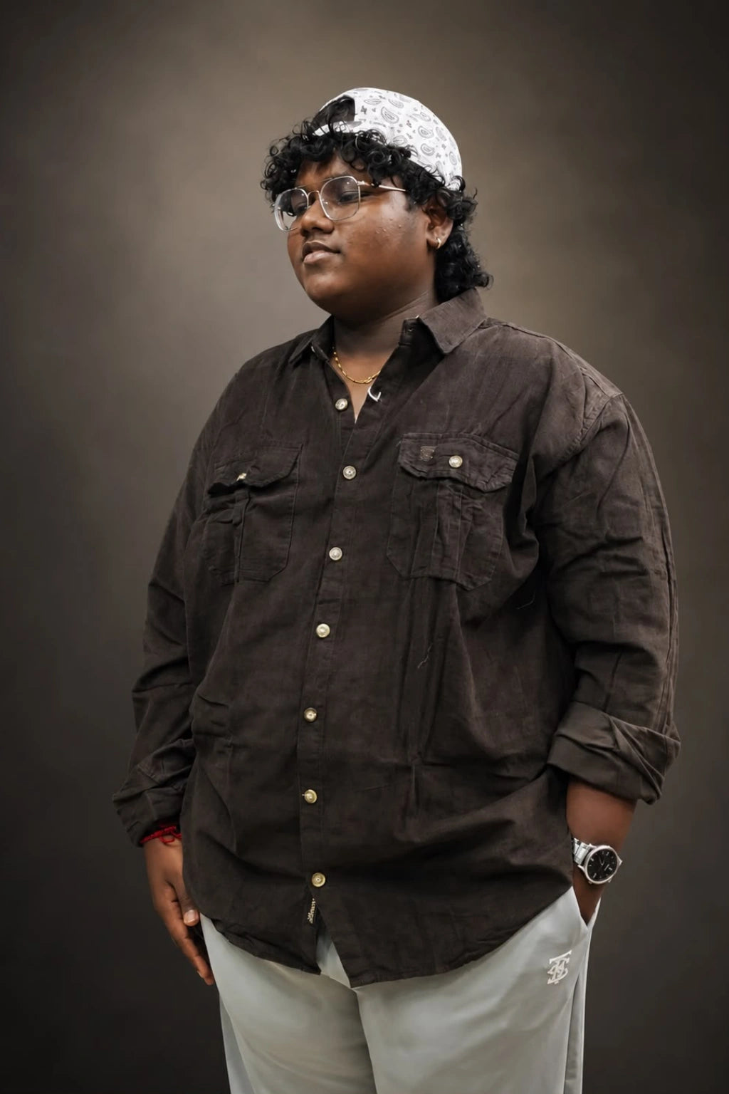 Earth black plus size corduroy shirt for men with double chest pockets and long sleeves in sizes 3XL to 7XL by TheBrandSpot