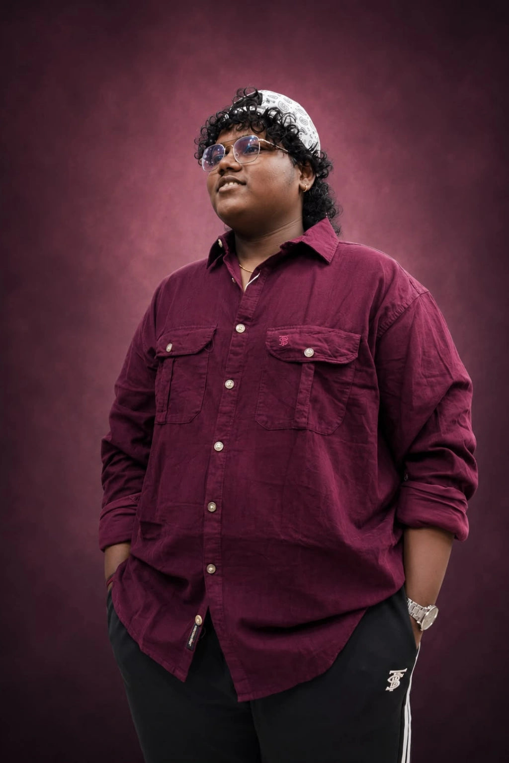 Tamarind burgundy plus size corduroy shirt for men featuring double chest pockets and long sleeves in sizes 3XL to 7XL by TheBrandSpot