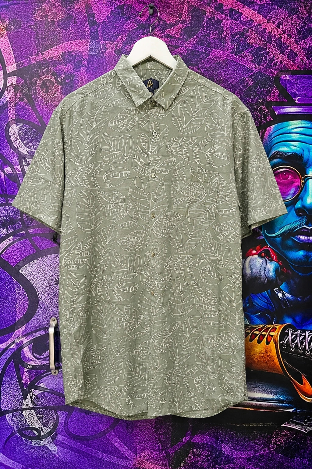 Plus size men's olive grey rayon printed half sleeve shirt in sizes 3XL to 5XL by TheBrandSpot
