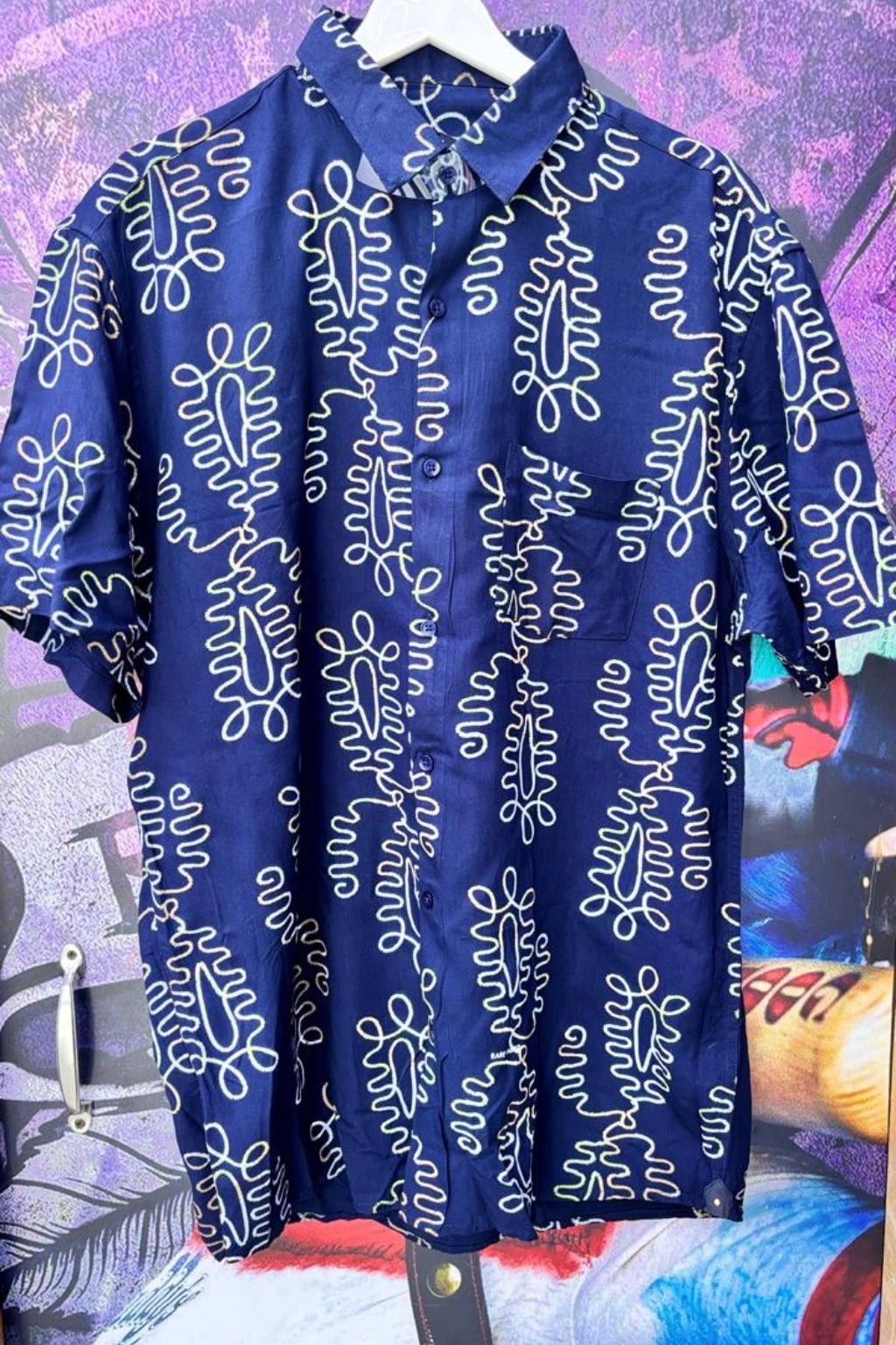 Royal Indigo Plus Size Rayon Printed Half Sleeve Shirt for Men from TheBrandspot — premium rayon fabric with white abstract vertical pattern on rich indigo‑blue base, breathable and lightweight design for big and tall men (3XL–5XL); ideal for summer casual, holiday, and everyday wear.