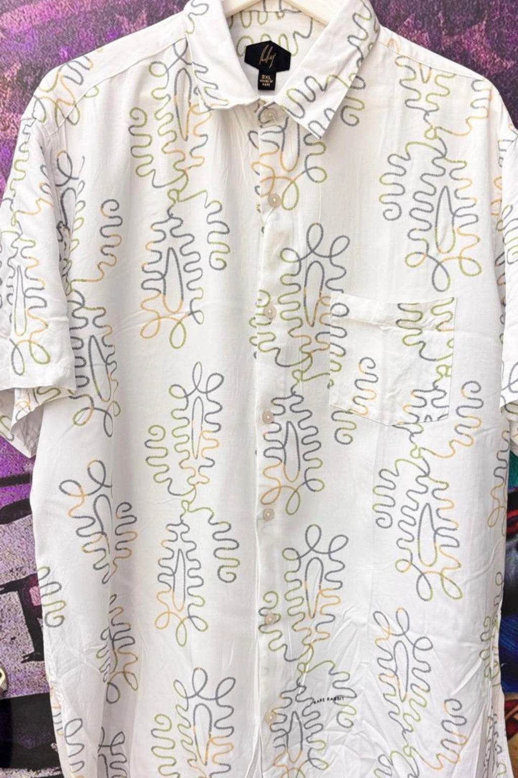 Silver Mist Plus Size Rayon Printed Half Sleeve Shirt for Men from TheBrandspot — premium rayon fabric with pastel abstract print on white base, breathable and lightweight design for big and tall men (3XL–5XL); ideal for summer casual, holiday, and everyday wear.