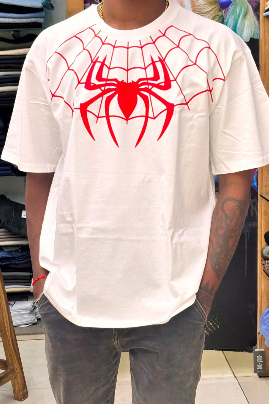 White Spiderman printed oversized t-shirt for men with red spider web chest graphic print, available in plus sizes up to 3XL by TheBrandSpot
